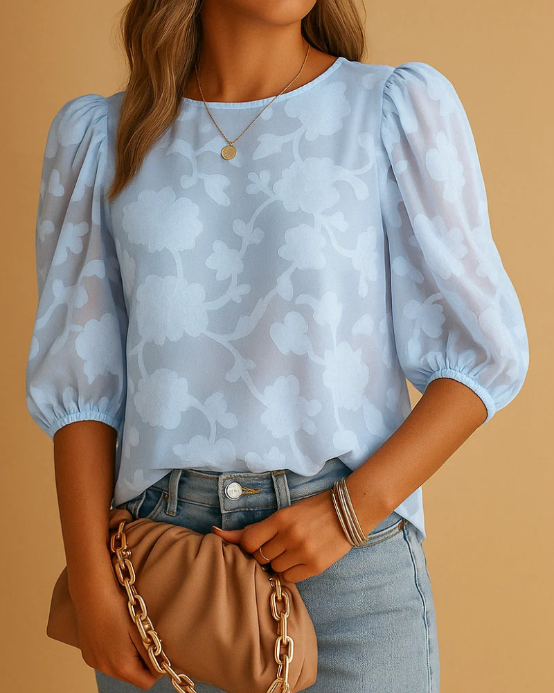 Genevieve Kvinders Blomstrede Bluse – 3/4 Ærme Rund Hals Elegant Casual Top
