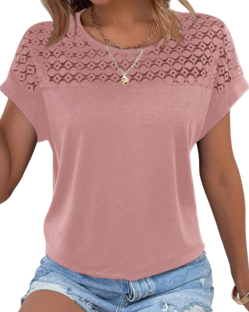 Emily T-shirt til kvinder i blonder – Elegant sommerbluse med rund hals og korte ærmer