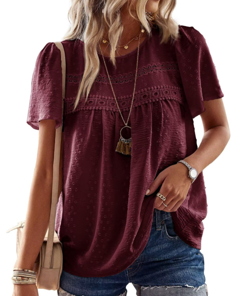 Grace Bluse Bohème Damen – Tunika mit Rundhalsausschnitt, Spitze und kurzen Sommerärmeln