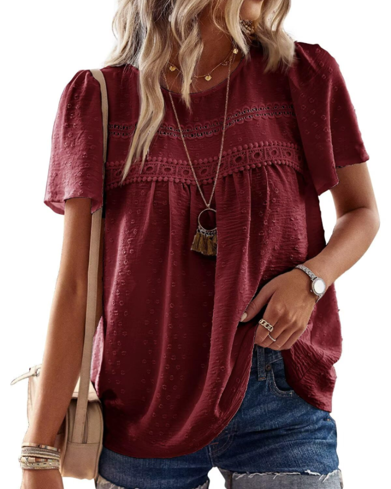 Grace Bluse Bohème Damen – Tunika mit Rundhalsausschnitt, Spitze und kurzen Sommerärmeln