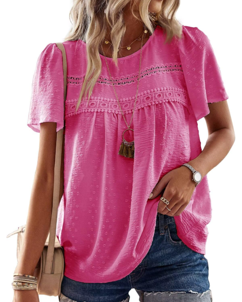 Grace Bluse Bohème Damen – Tunika mit Rundhalsausschnitt, Spitze und kurzen Sommerärmeln
