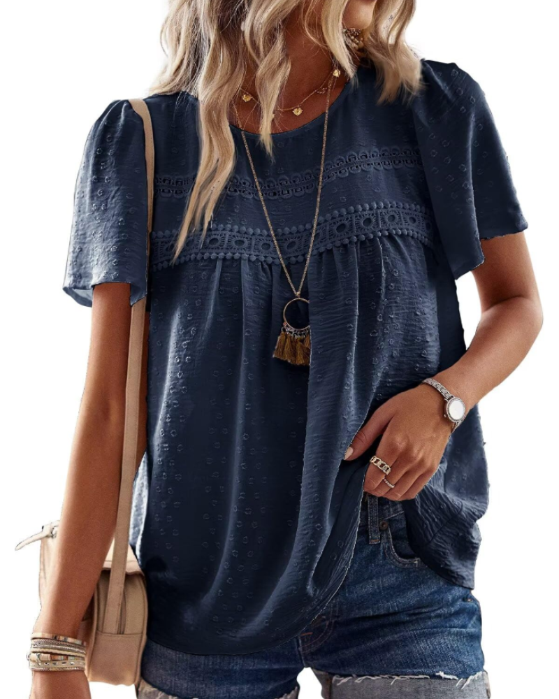 Grace Bluse Bohème Damen – Tunika mit Rundhalsausschnitt, Spitze und kurzen Sommerärmeln