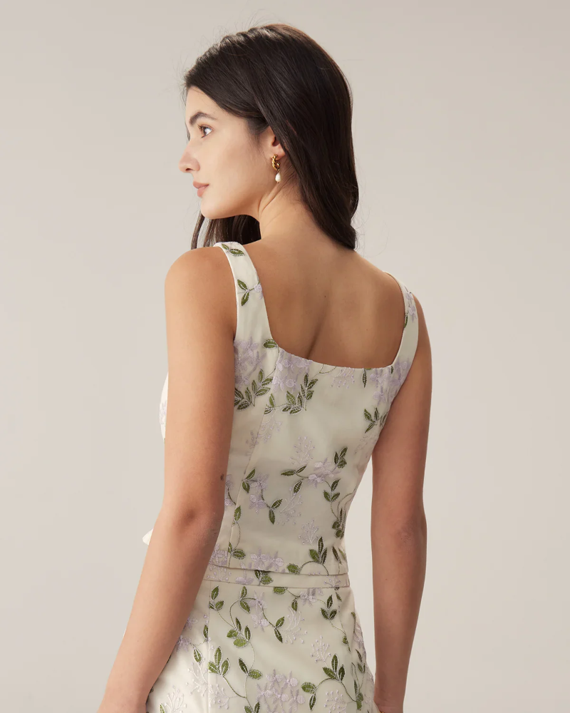 Lison Dame Tanktop – Beige Blomstret Top, Elegant Tætsiddende Pasform, Ærmeløs, Sommer