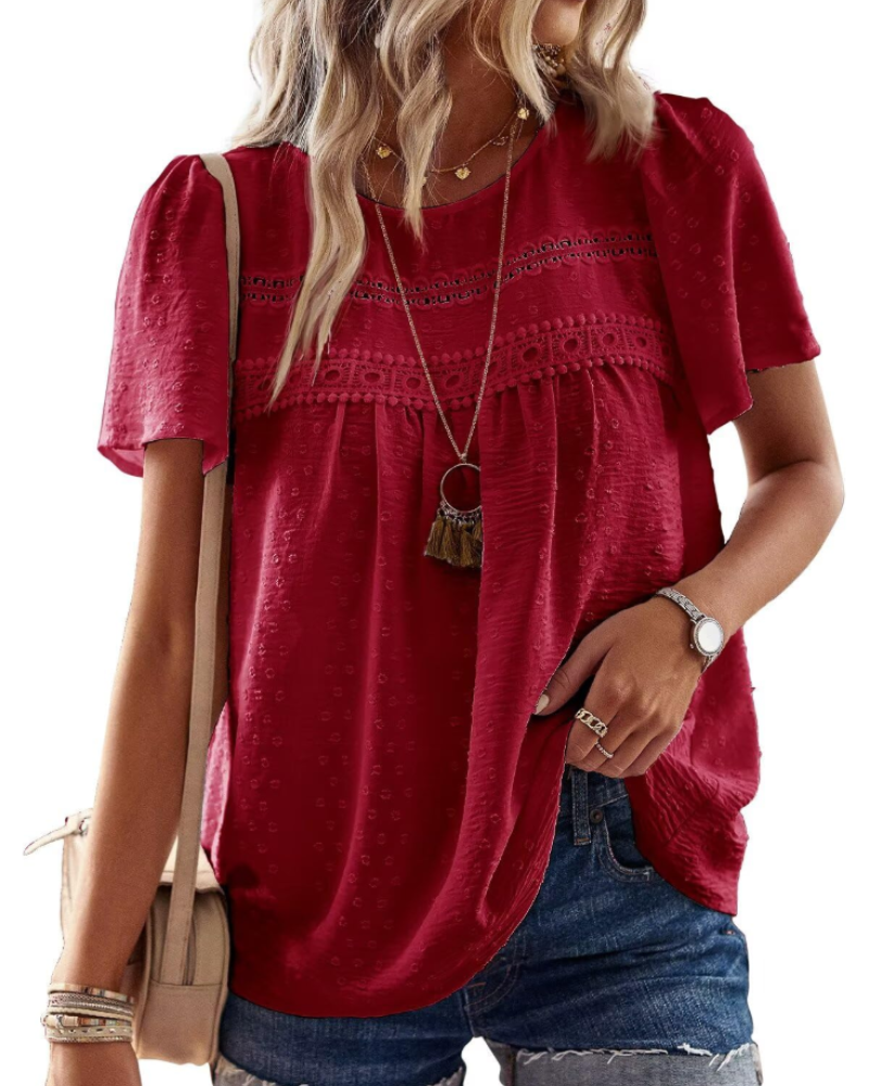 Grace Bluse Bohème Damen – Tunika mit Rundhalsausschnitt, Spitze und kurzen Sommerärmeln
