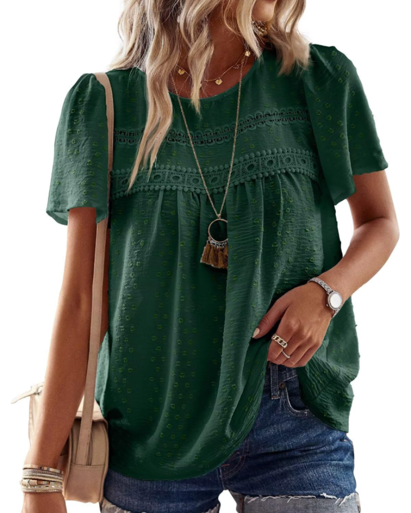 Grace Bluse Bohème Damen – Tunika mit Rundhalsausschnitt, Spitze und kurzen Sommerärmeln