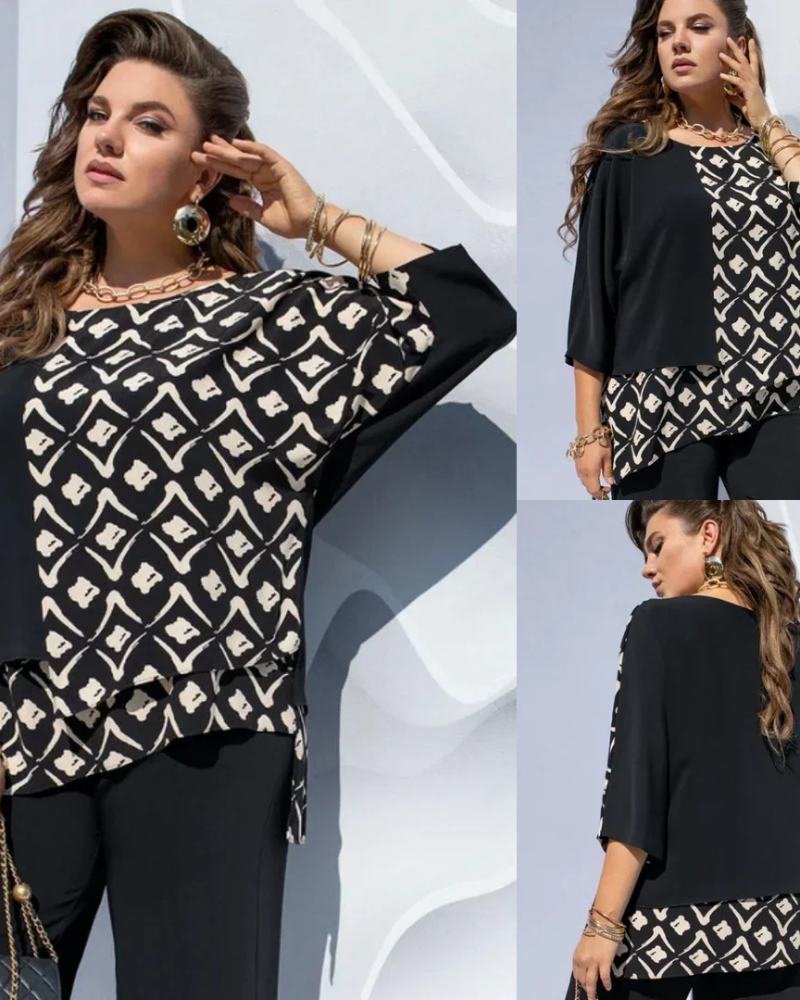 Solène Blouse Femme – Chemisier Imprimé Graphique Color Block Coupe Superposée Élégante