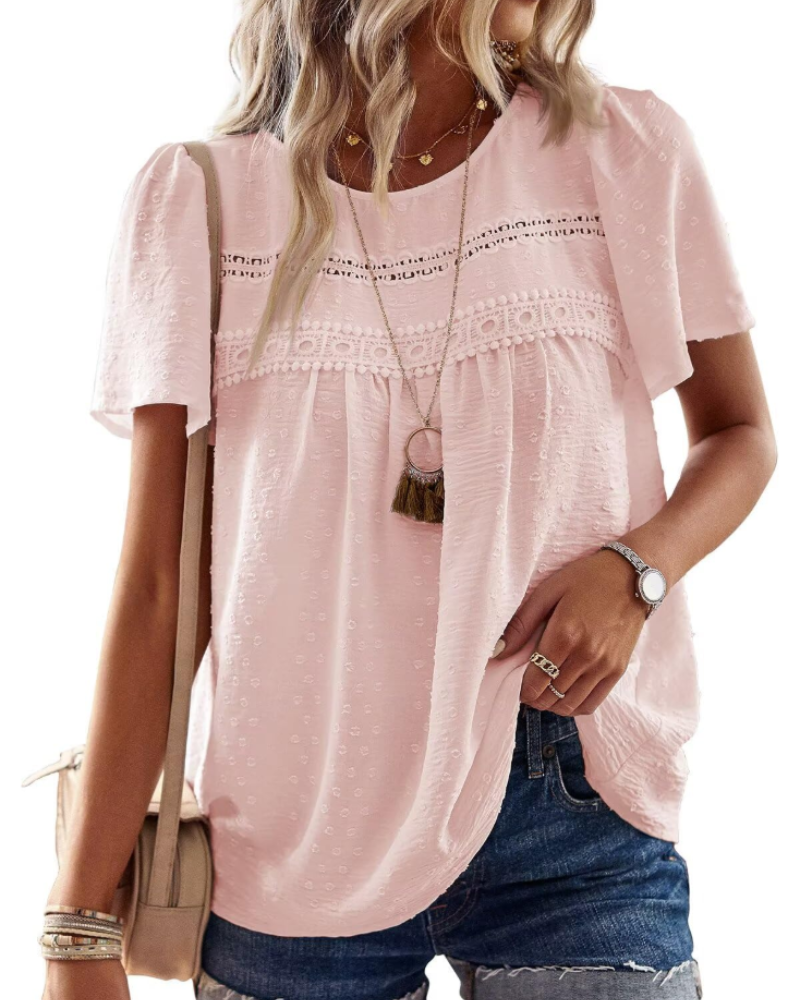 Grace Bluse Bohème Damen – Tunika mit Rundhalsausschnitt, Spitze und kurzen Sommerärmeln