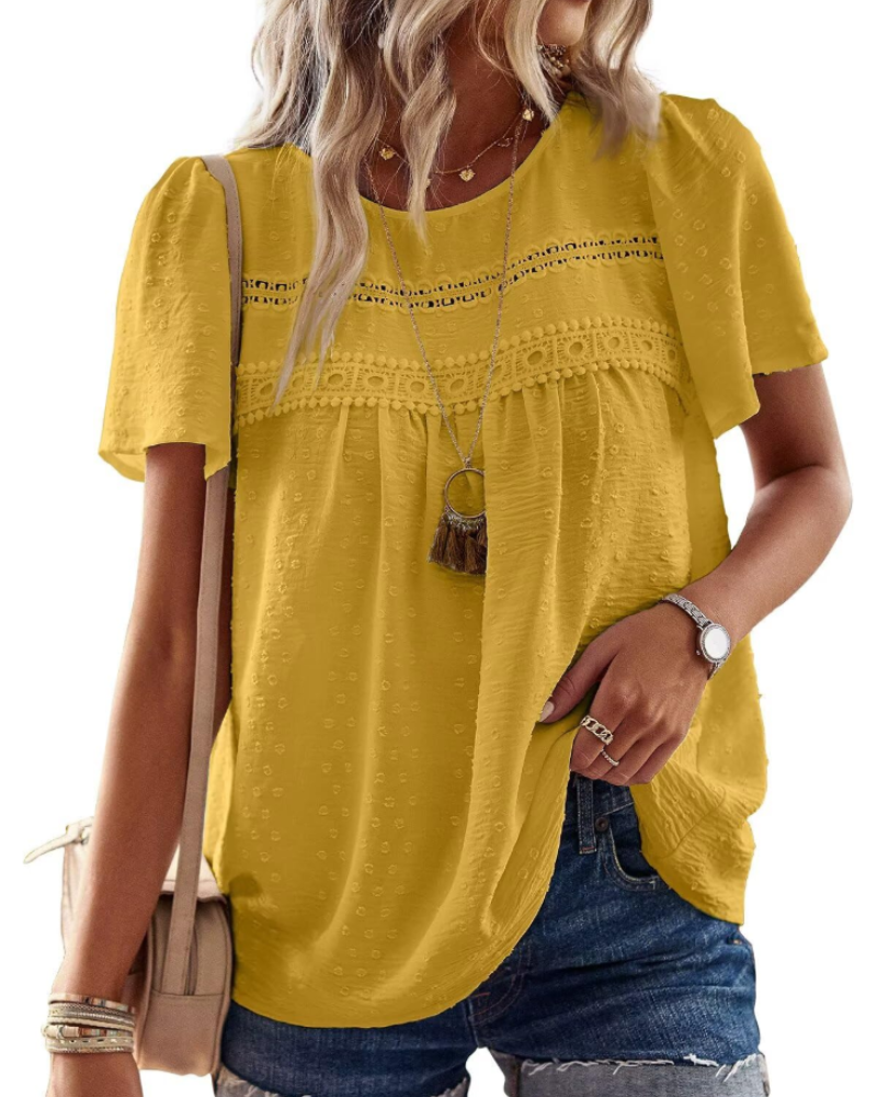 Grace Bluse Bohème Damen – Tunika mit Rundhalsausschnitt, Spitze und kurzen Sommerärmeln