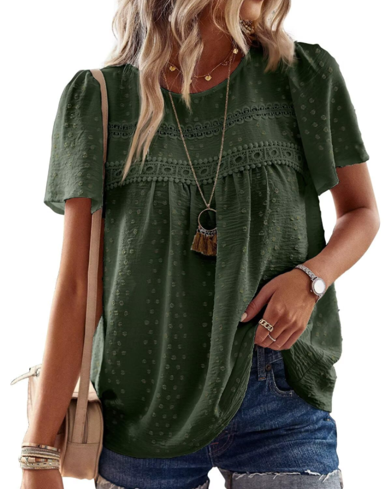 Grace Bluse Bohème Damen – Tunika mit Rundhalsausschnitt, Spitze und kurzen Sommerärmeln