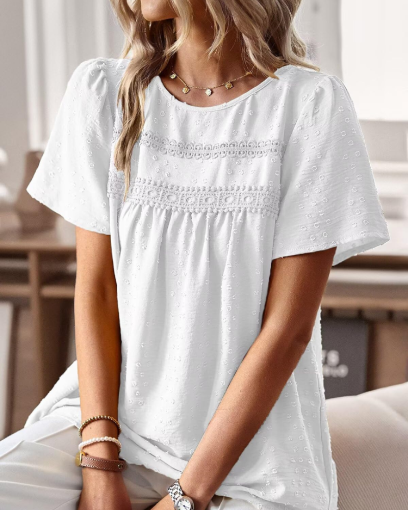 Grace Bluse Bohème Damen – Tunika mit Rundhalsausschnitt, Spitze und kurzen Sommerärmeln