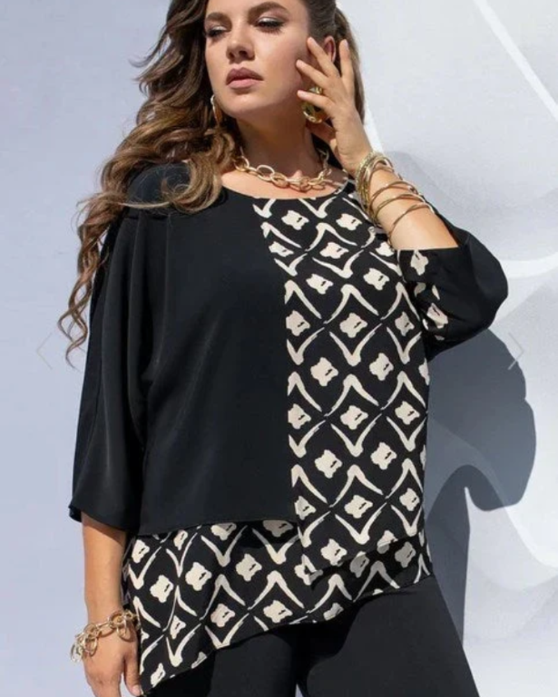 Solène Blouse Femme – Chemisier Imprimé Graphique Color Block Coupe Superposée Élégante