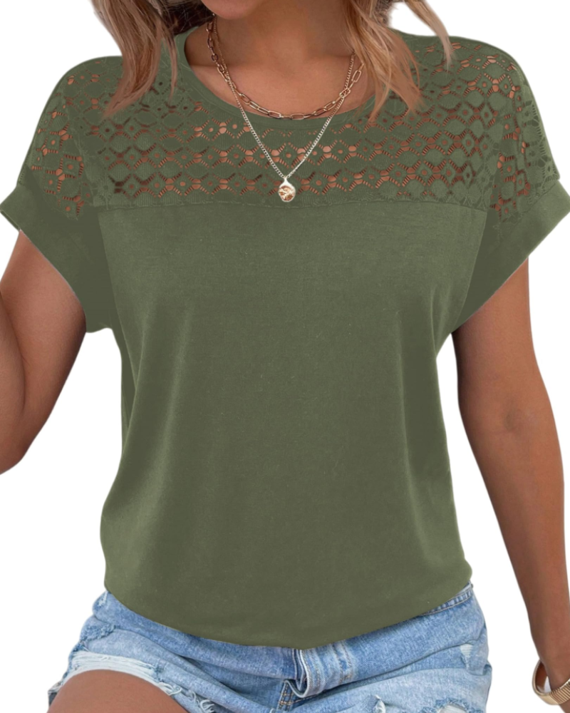 Emily T-shirt til kvinder i blonder – Elegant sommerbluse med rund hals og korte ærmer