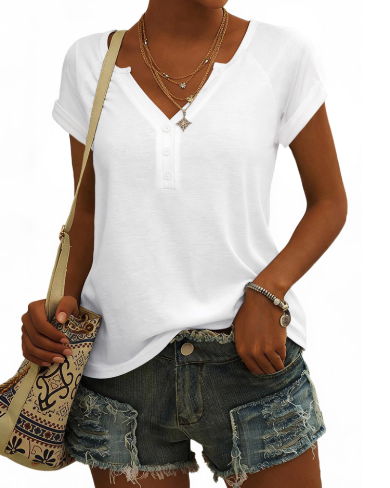 Emma Haut Donna Collo a V con Bottoni – T-Shirt Ampia in Cotone Misto per l’Estate