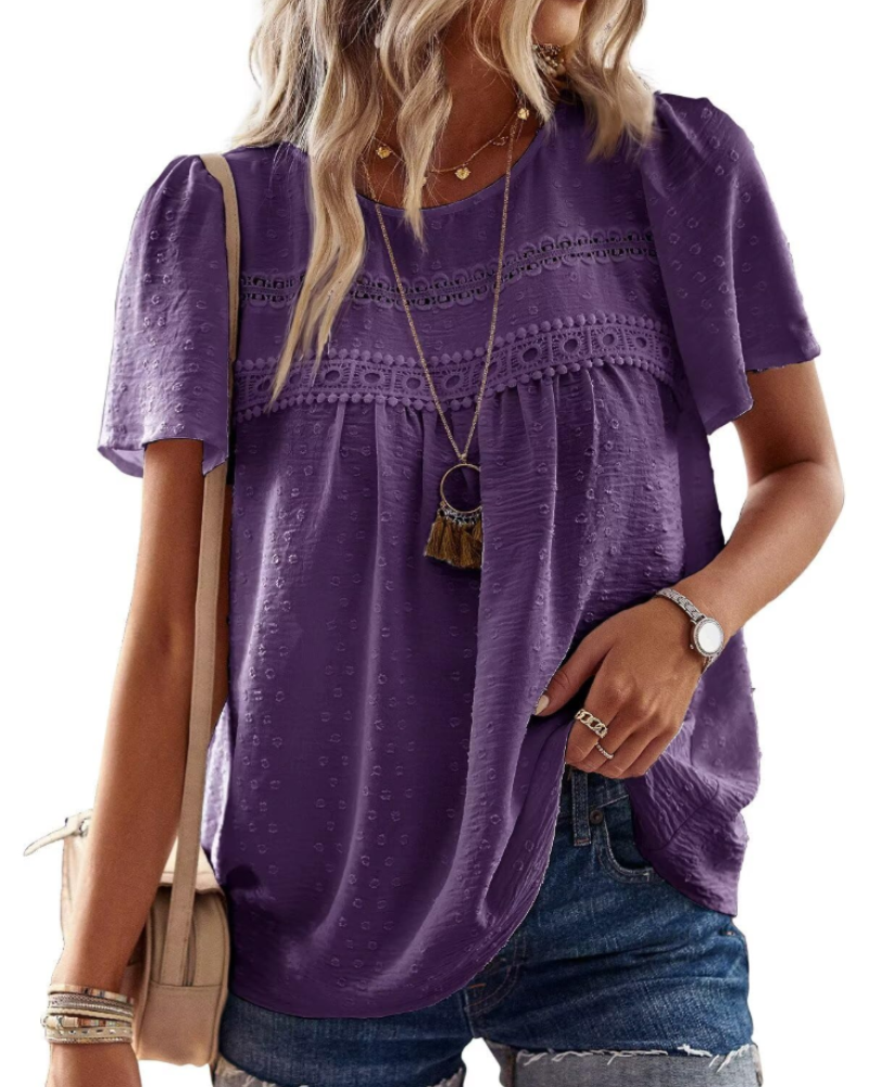 Grace Bluse Bohème Damen – Tunika mit Rundhalsausschnitt, Spitze und kurzen Sommerärmeln
