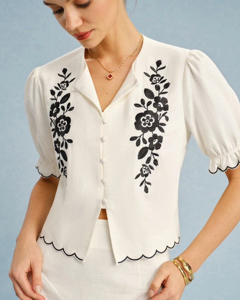 Coraline Women's Blouse – Beige Embroidered Shirt with Puff Sleeves and Elegant Contrasting Details