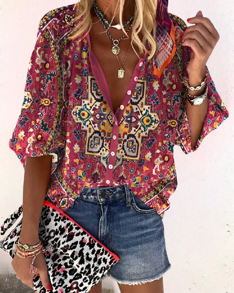 Rosalind Women's Floral Blouse – Button-Up Half Sleeve Smart Casual Shirt