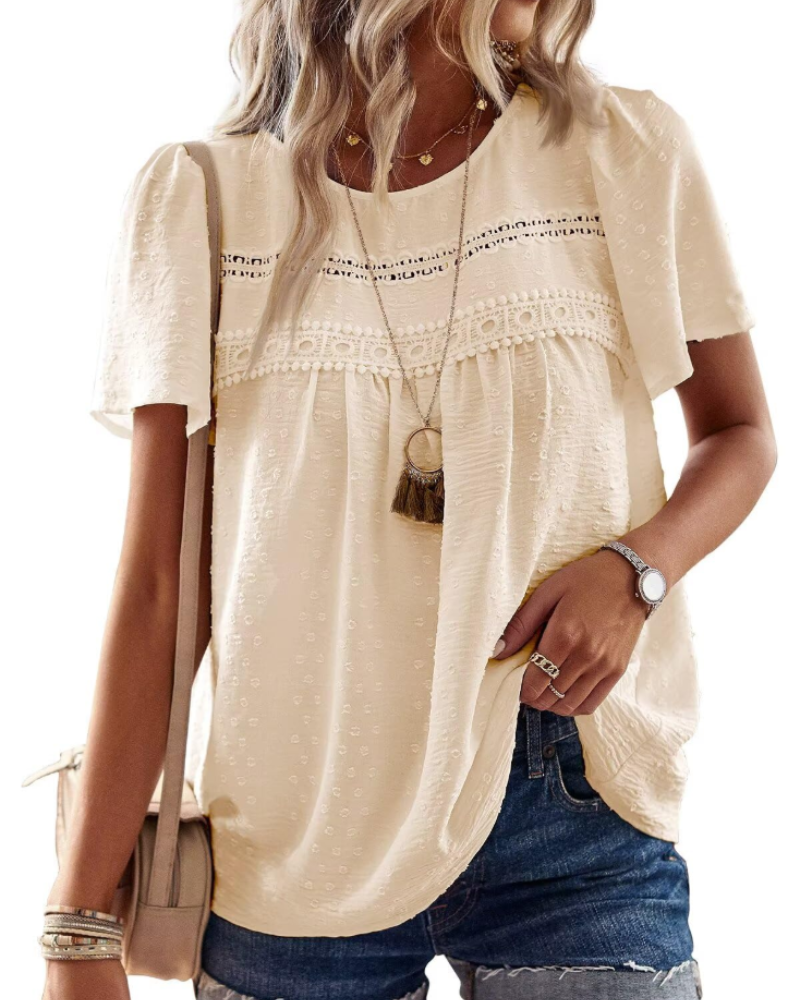 Grace Bluse Bohème Damen – Tunika mit Rundhalsausschnitt, Spitze und kurzen Sommerärmeln