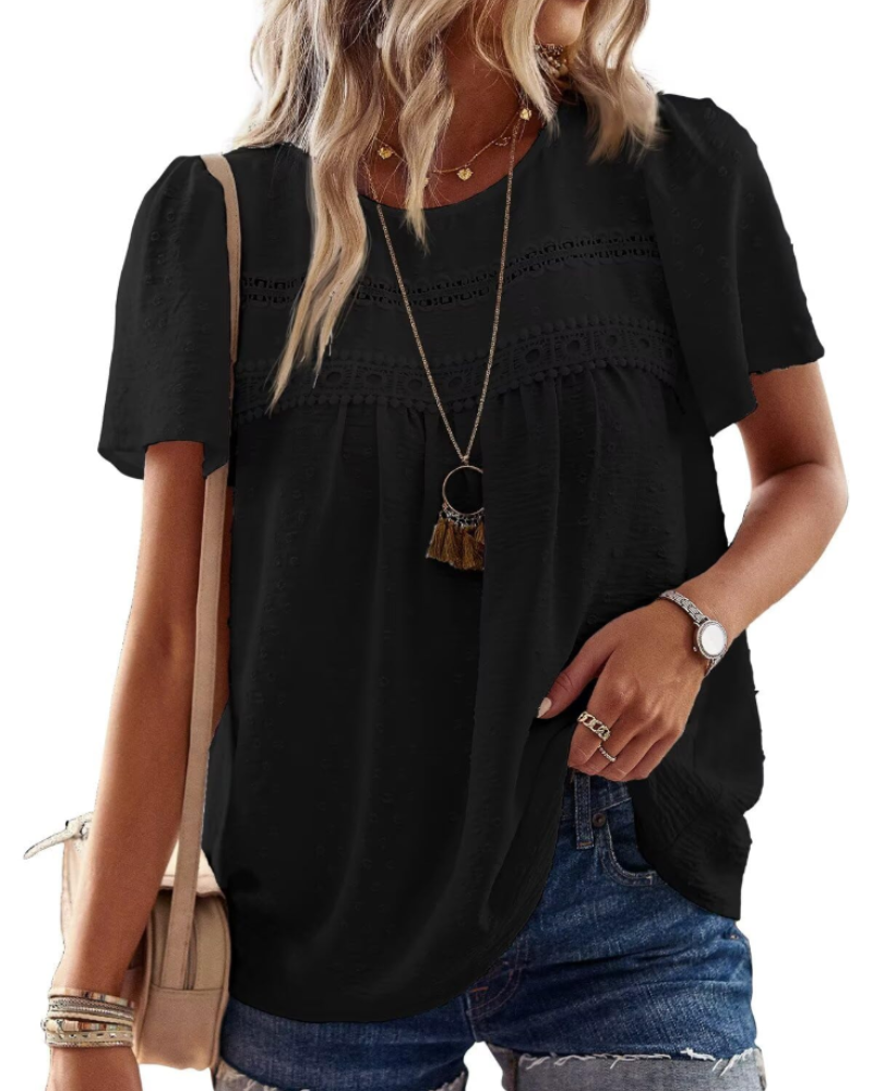 Grace Bluse Bohème Damen – Tunika mit Rundhalsausschnitt, Spitze und kurzen Sommerärmeln