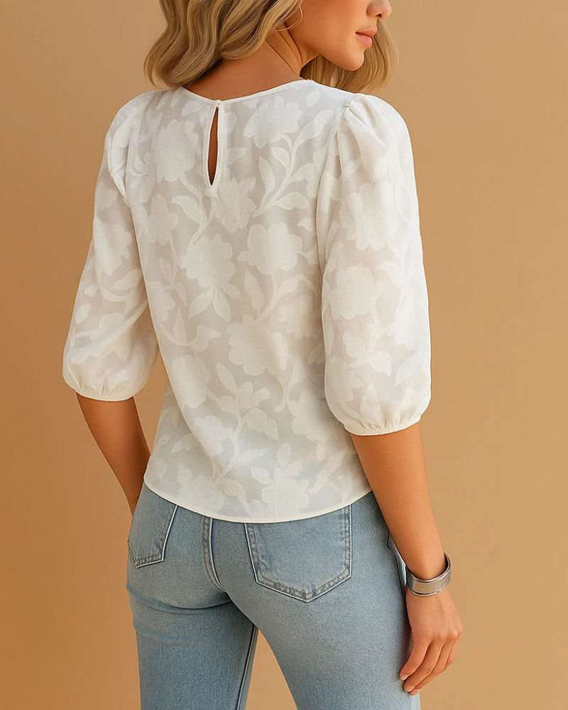 Genevieve Kvinders Blomstrede Bluse – 3/4 Ærme Rund Hals Elegant Casual Top