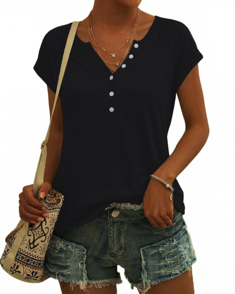 Emma Haut Donna Collo a V con Bottoni – T-Shirt Ampia in Cotone Misto per l’Estate