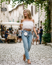 Calista női top – Pánt nélküli tollas bandeau top, elegáns szabás estélyekre
