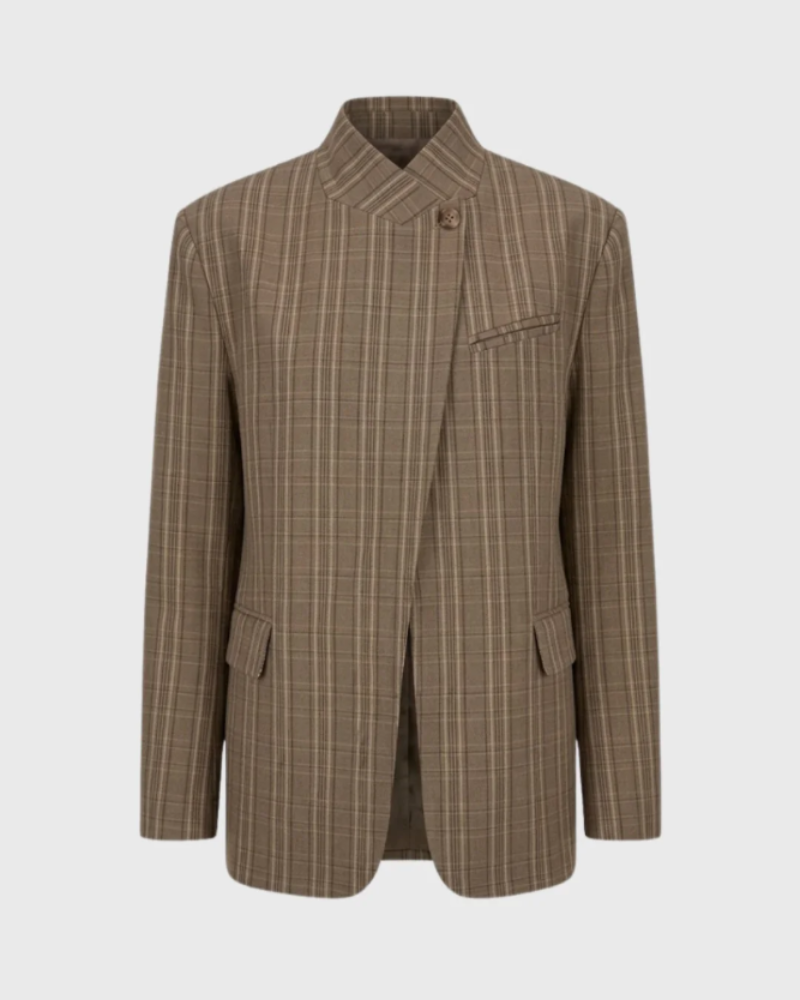Ženski Riley Blazer – Oversize karo blazer s visokim ovratnikom i asimetričnim zatvaračem, elegantan