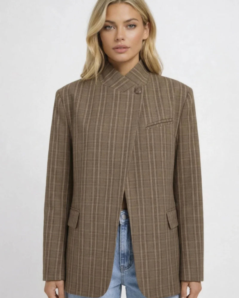 Riley Blazer Damen – Oversize Karo-Blazer mit Stehkragen und asymmetrischem Verschluss, elegant