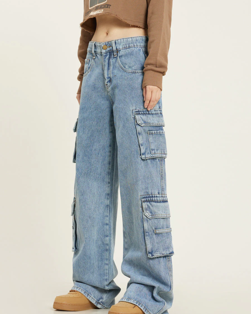Reagan Jean Cargo pro ženy – Baggy džíny s širokými nohavicemi, kapsami ve stylu utility, retro denim