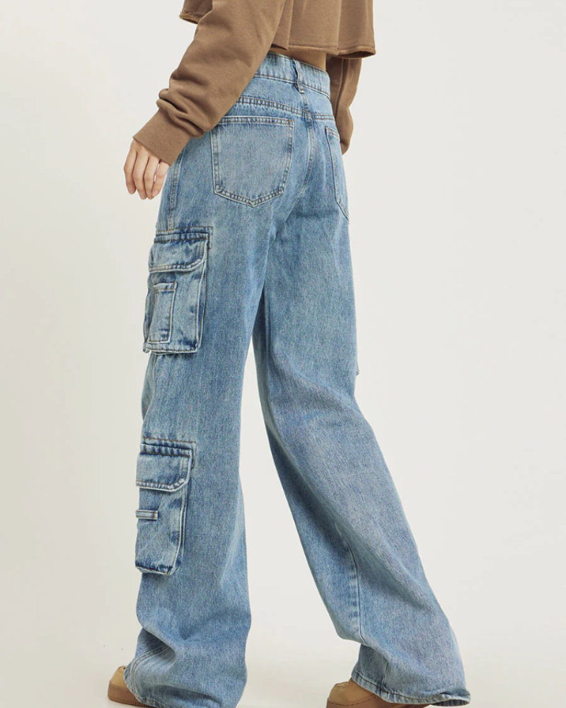 Reagan Jean Cargo pro ženy – Baggy džíny s širokými nohavicemi, kapsami ve stylu utility, retro denim