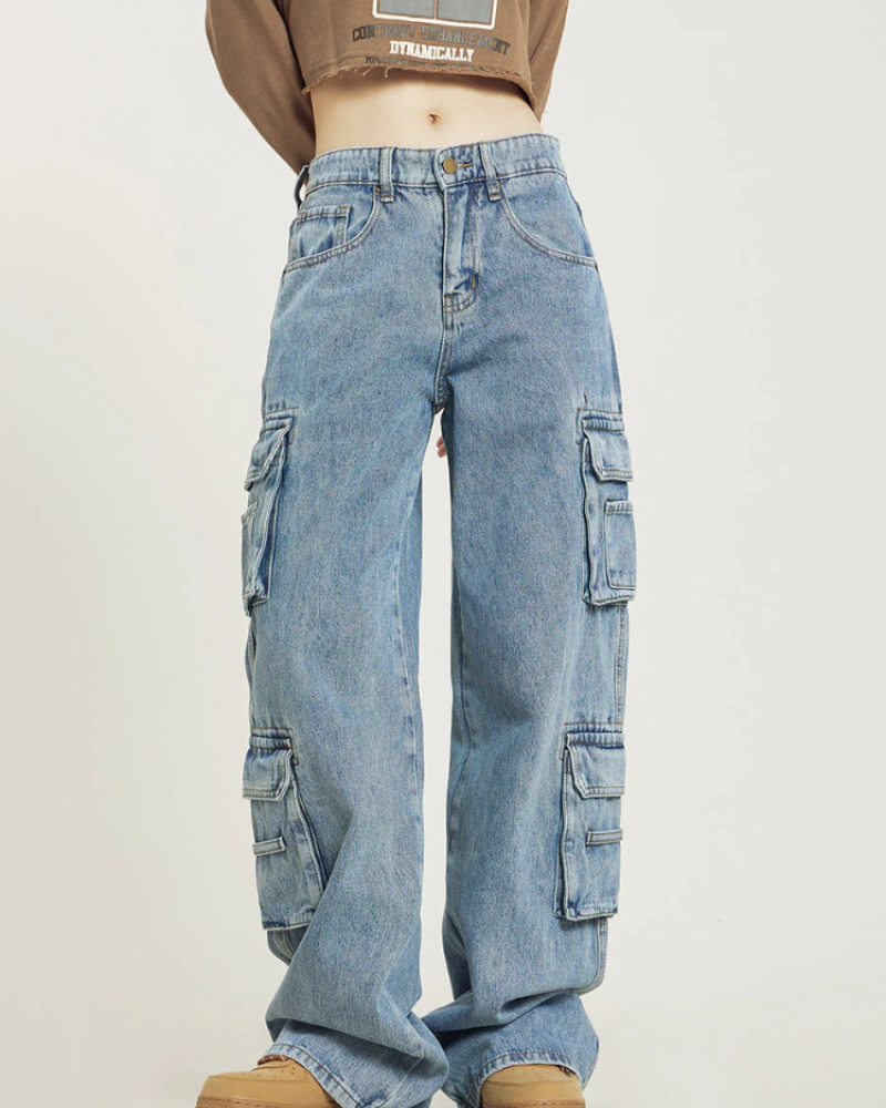 Reagan Jean Cargo pro ženy – Baggy džíny s širokými nohavicemi, kapsami ve stylu utility, retro denim