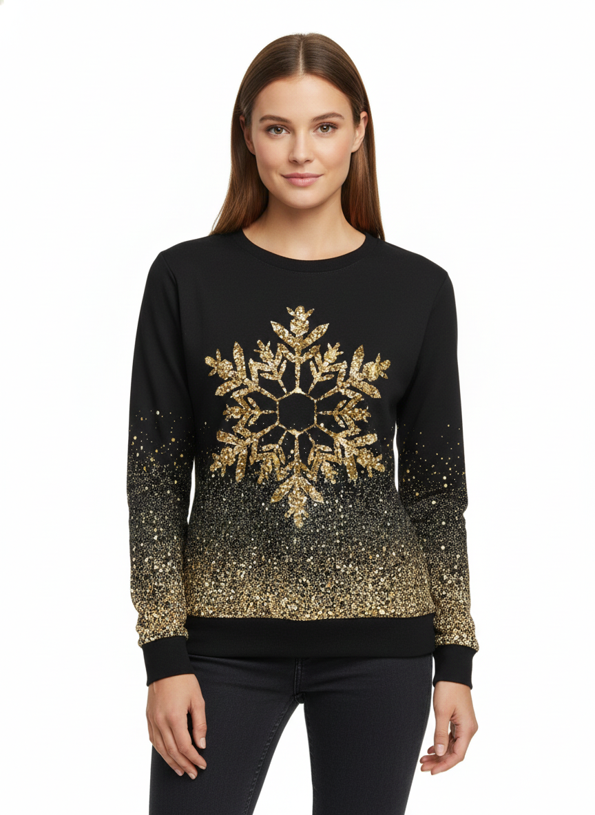 Jersey Trinity de Navidad para Mujer – Jersey Festivo de Punto con Copos Dorados Corte Holgado