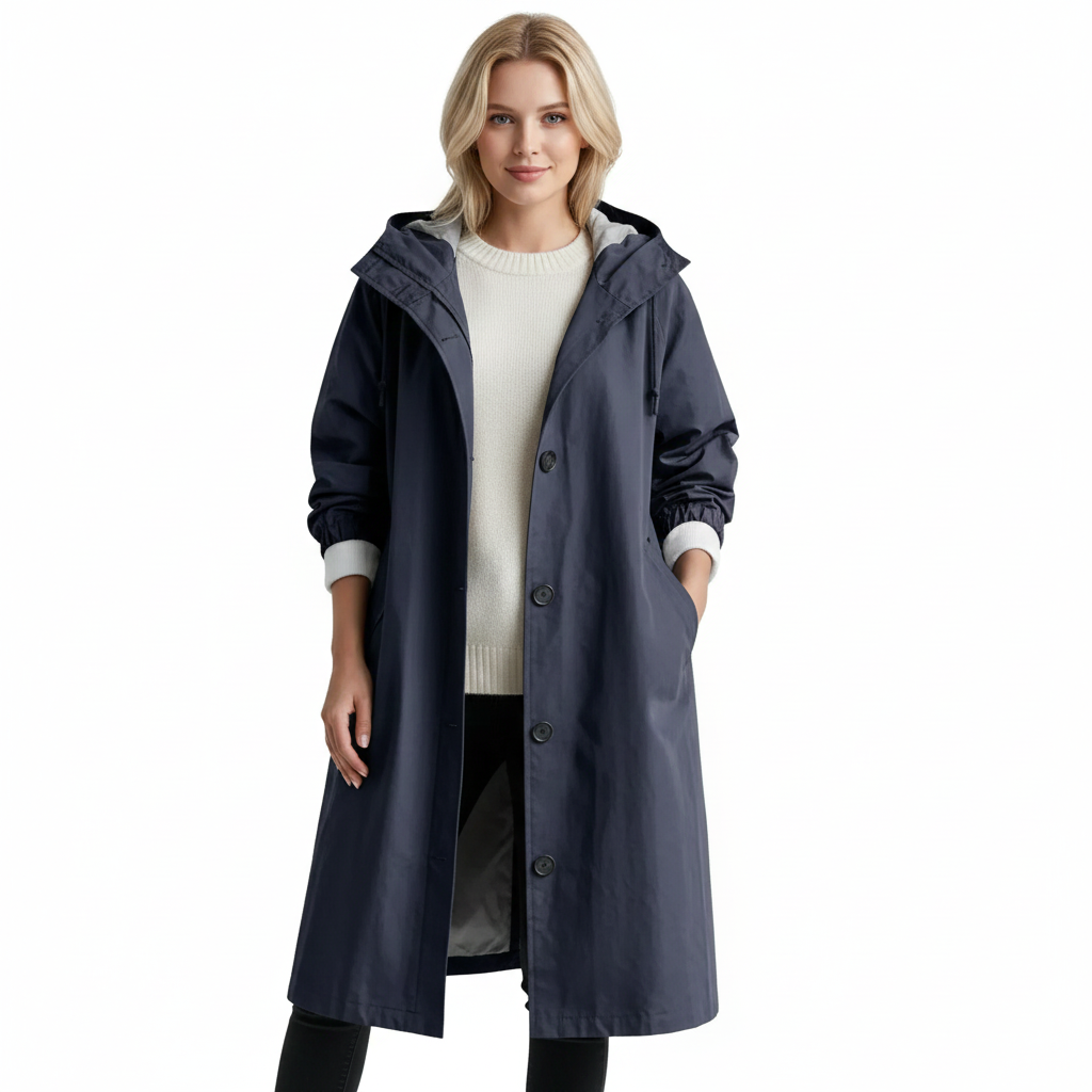 Arlyn Trenchcoat Damen – Langer Oversize-Mantel mit Kapuze & elegantem Schnitt