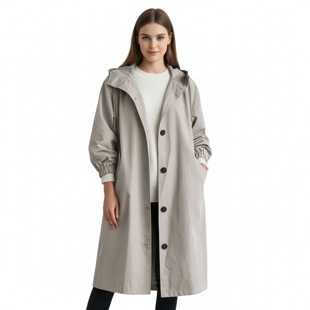 Arlyn Trenchcoat Damen – Langer Oversize-Mantel mit Kapuze & elegantem Schnitt