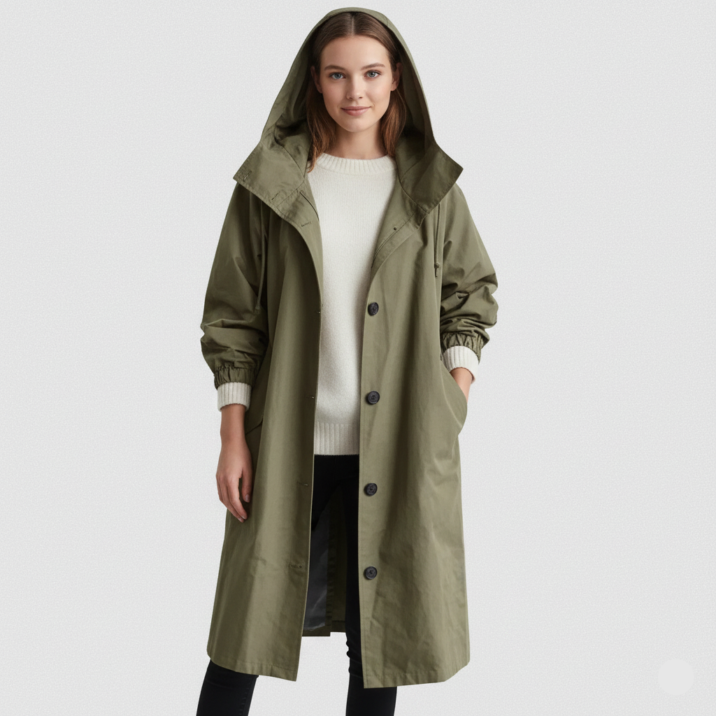 Arlyn Trenchcoat Damen – Langer Oversize-Mantel mit Kapuze & elegantem Schnitt