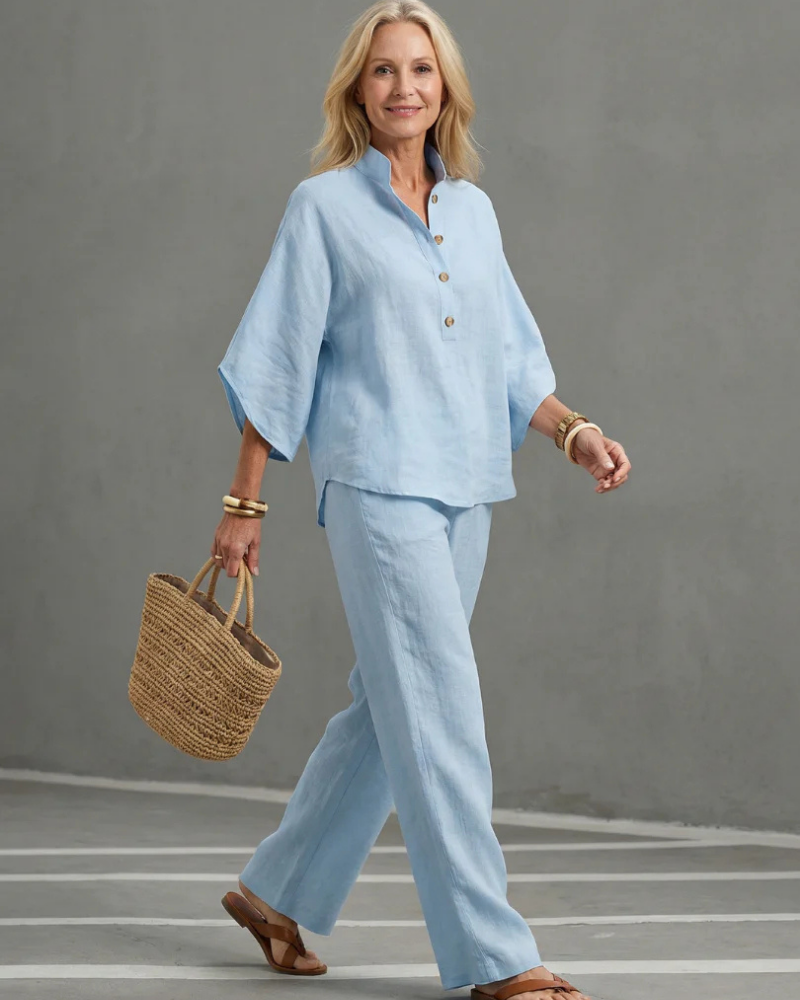 Conjunto Avery Lin Feminino – Conjunto de 2 Peças em Algodão e Linho com Túnica Abotoada e Calças Retas