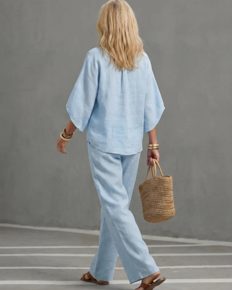 Conjunto Avery Lin Feminino – Conjunto de 2 Peças em Algodão e Linho com Túnica Abotoada e Calças Retas