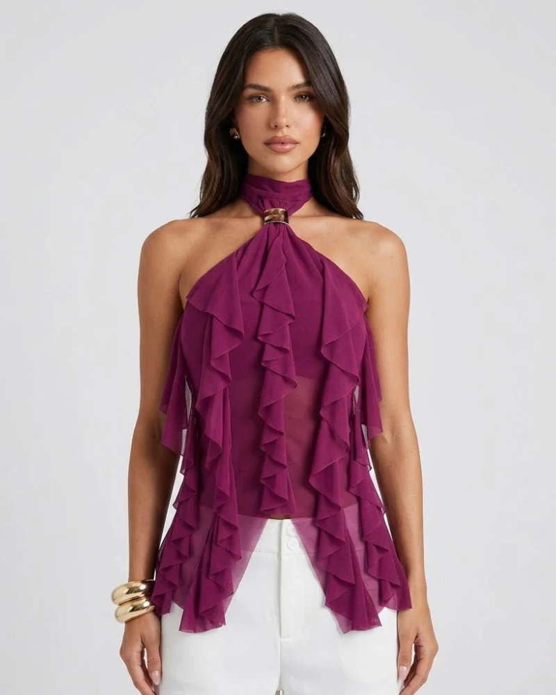 Peyton Dames Top – Open Rug Halter Hals Volant Vloeiende Elegante Avondtop