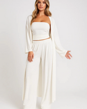 Avery Ensemble 3-delig Dames – Crop Top Zonder Bandjes, Wijde Broek, Elegante Cardigan