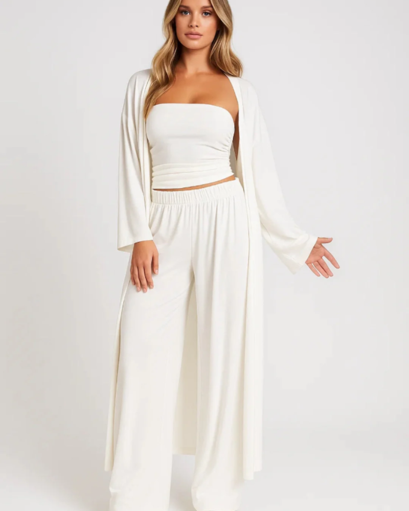 Avery Ensemble 3-delig Dames – Crop Top Zonder Bandjes, Wijde Broek, Elegante Cardigan