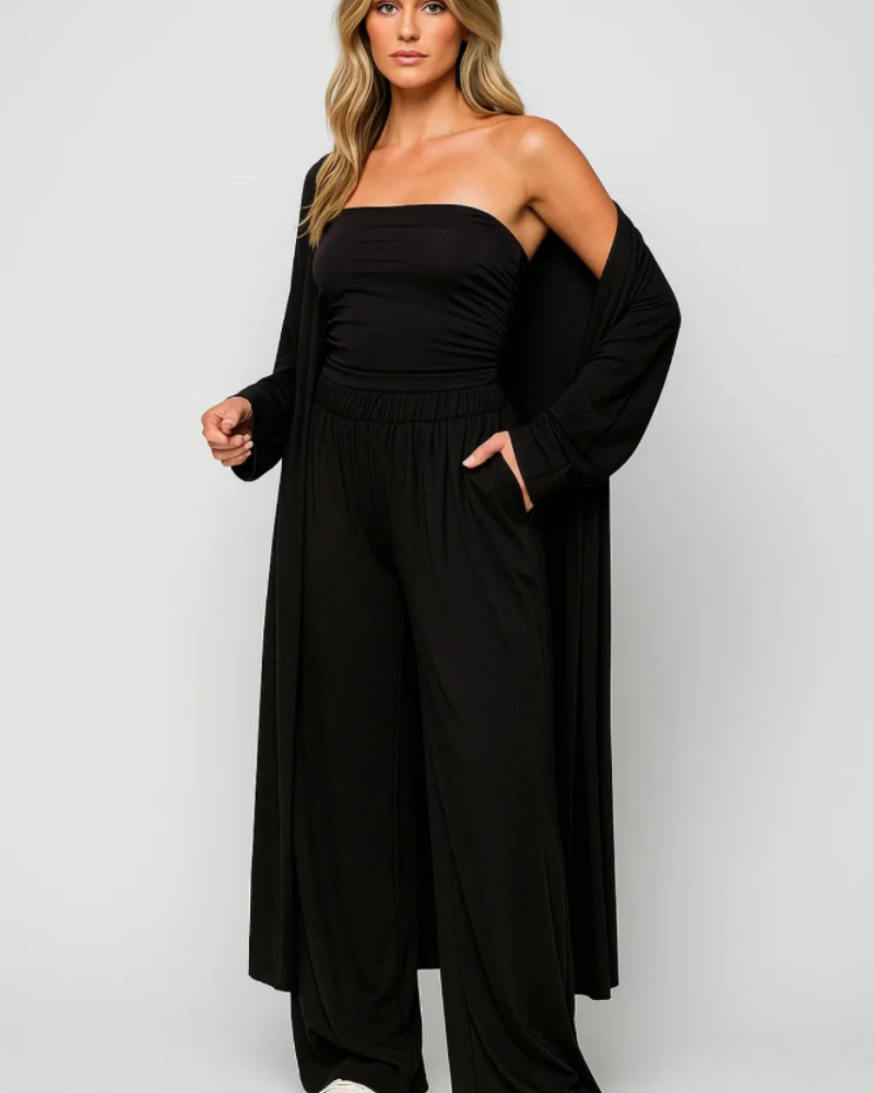 Avery Ensemble 3-delig Dames – Crop Top Zonder Bandjes, Wijde Broek, Elegante Cardigan