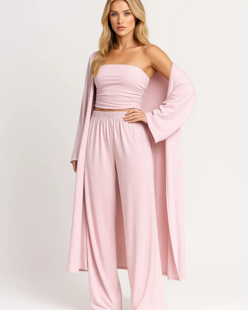 Avery Ensemble 3-delig Dames – Crop Top Zonder Bandjes, Wijde Broek, Elegante Cardigan