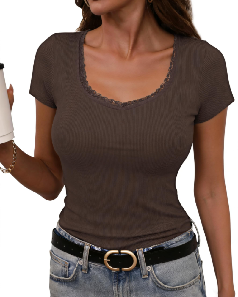 T-shirt de senhora Greer canelado em algodão – gola redonda, mangas curtas, corte justo e elástico