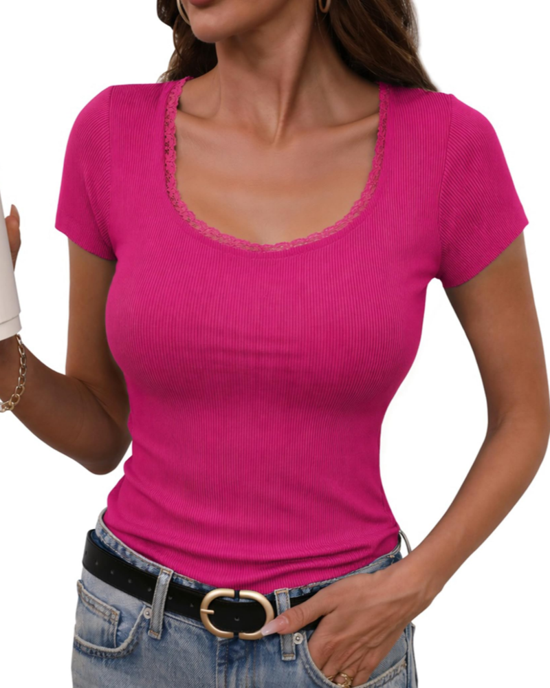 T-shirt de senhora Greer canelado em algodão – gola redonda, mangas curtas, corte justo e elástico