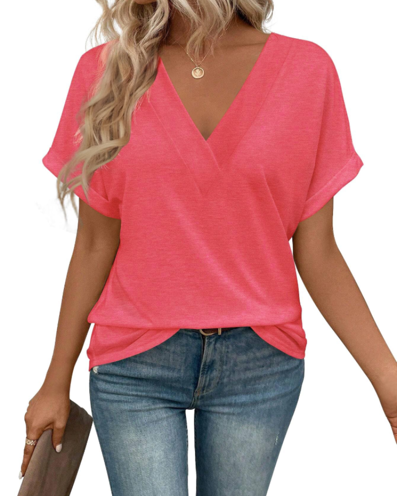 T-shirt de mulher Laurel com decote em V – mangas morcego, corte amplo, elástico e leve