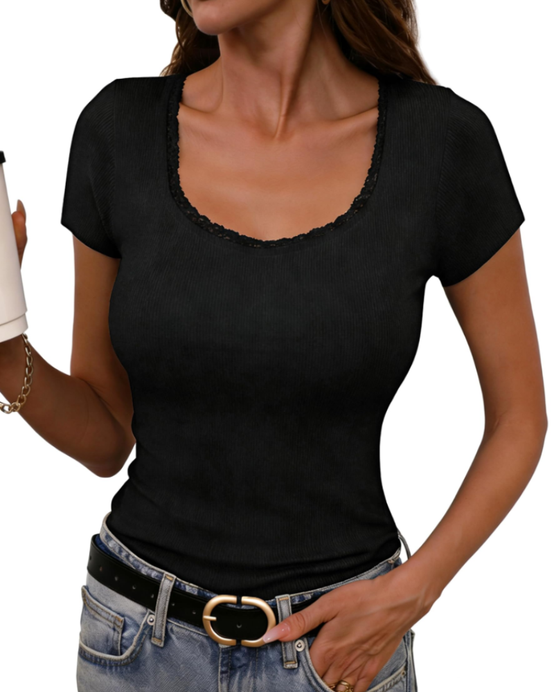 T-shirt de senhora Greer canelado em algodão – gola redonda, mangas curtas, corte justo e elástico
