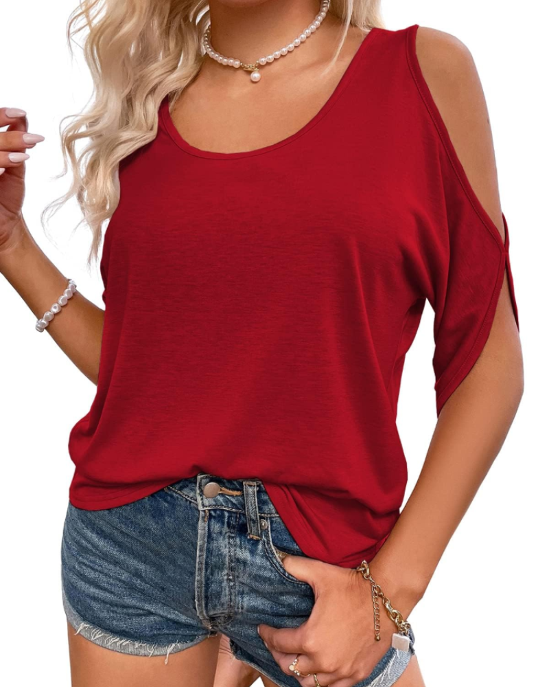 Teagan T-shirt voor dames met blote schouders – U-hals, vleermuismouwen, losse pasvorm