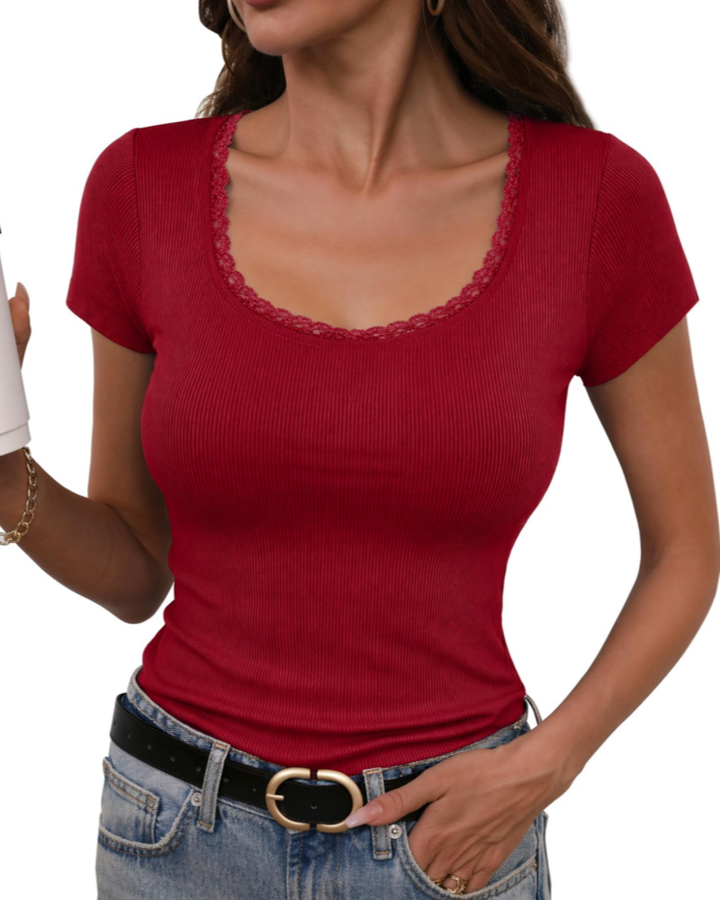 T-shirt de senhora Greer canelado em algodão – gola redonda, mangas curtas, corte justo e elástico