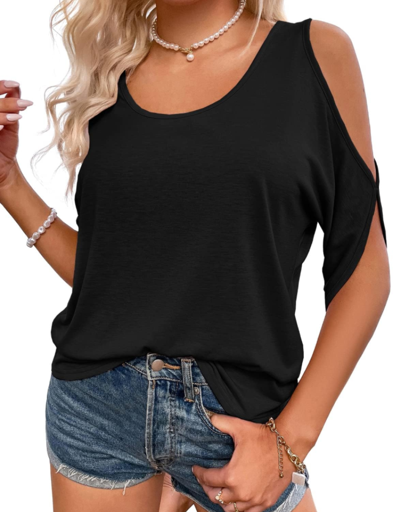 Teagan T-shirt voor dames met blote schouders – U-hals, vleermuismouwen, losse pasvorm