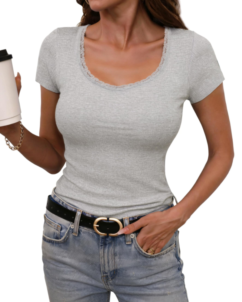 T-shirt de senhora Greer canelado em algodão – gola redonda, mangas curtas, corte justo e elástico