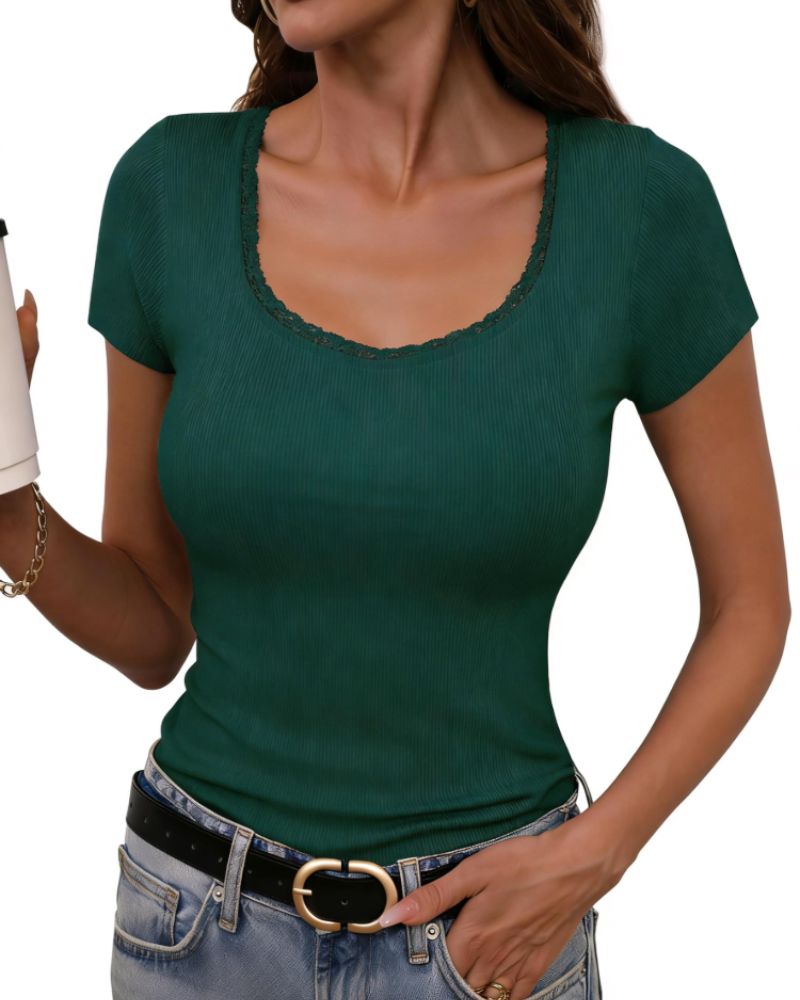 T-shirt de senhora Greer canelado em algodão – gola redonda, mangas curtas, corte justo e elástico
